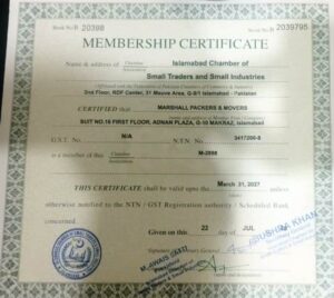 Marshall Packers and Movers Islamabad chamber of commerce Membership 2026-27